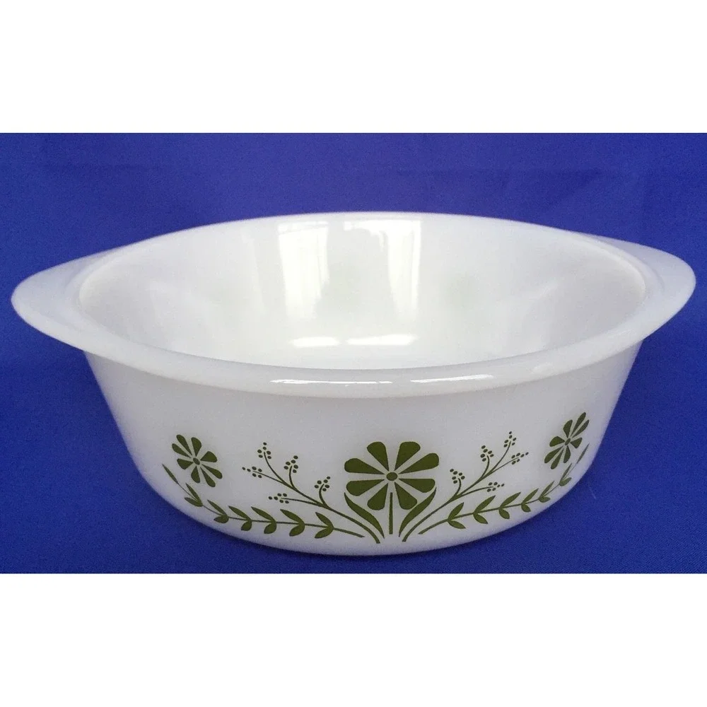 Glass Bake Casserole Dish Milk Glass White Green Daisy‎ Spring Blossom 1.5 QT